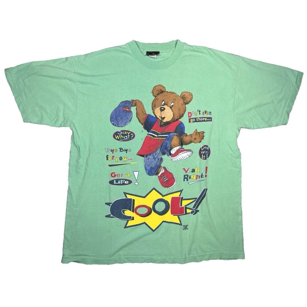 VTG 90s Chic Mens 2X XXL Green Cotton Bear Cartoon Graphic Tee Streetwear Shirt